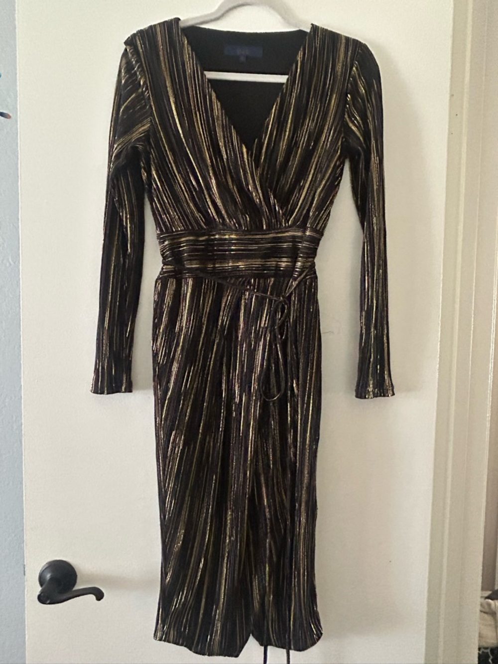 RACHEL Rachel Roy Black and Gold Striped Wrap Midi Dress
